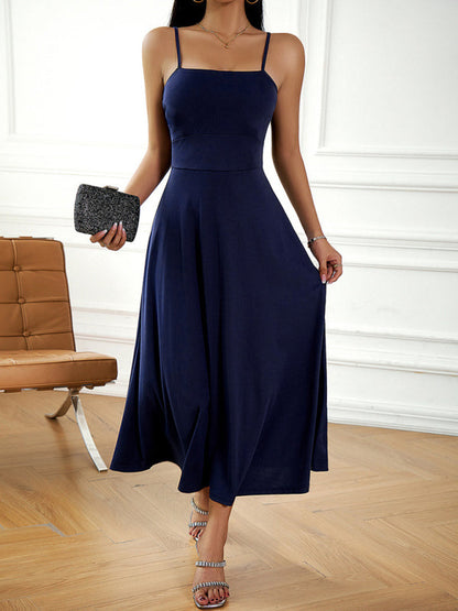 Cami Dresses- Solid Elegant A-Line Open Back Cami Long Dress- Champlain color- Pekosa Women Clothing