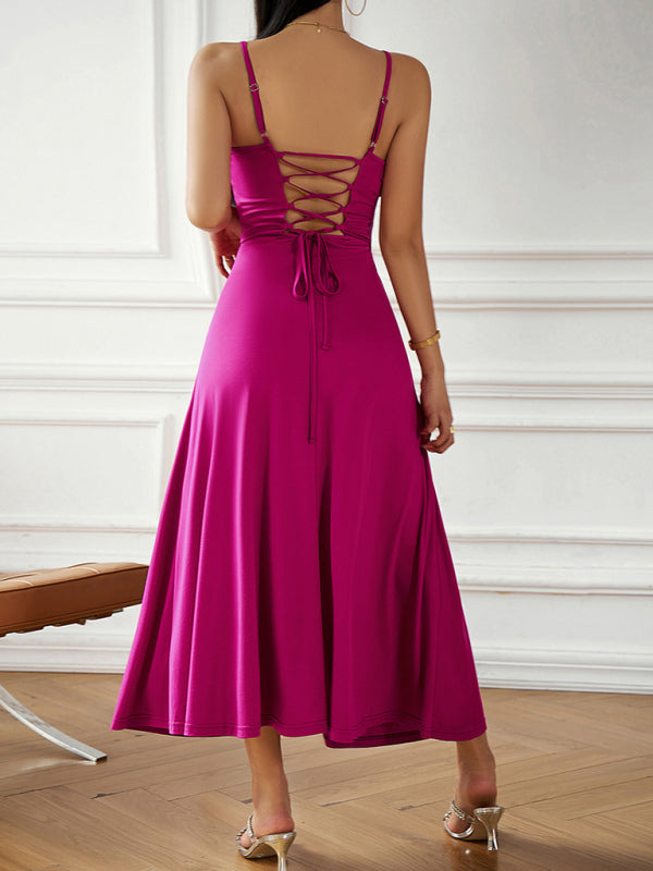 Cami Dresses- Solid Elegant A-Line Open Back Cami Long Dress- - Pekosa Women Clothing