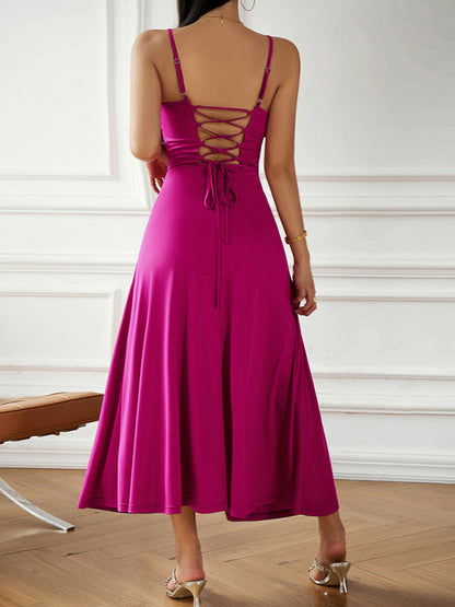 Cami Dresses- Solid Elegant A-Line Open Back Cami Long Dress- - Pekosa Women Clothing
