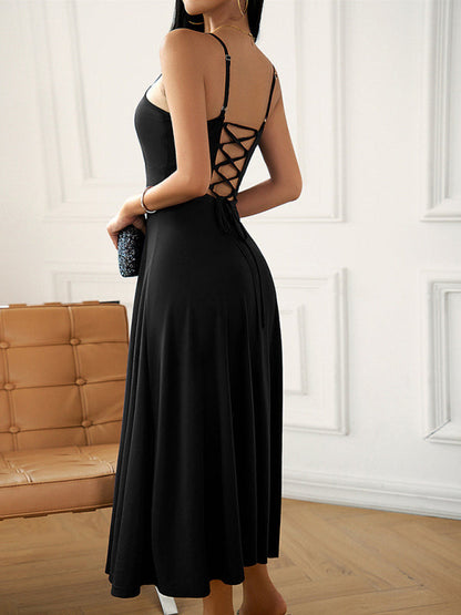 Cami Dresses- Solid Elegant A-Line Open Back Cami Long Dress- - Pekosa Women Clothing