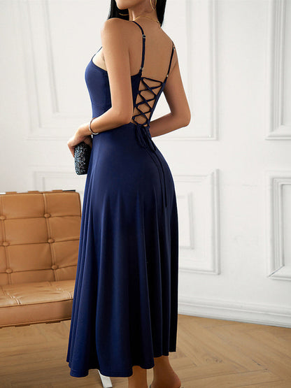 Cami Dresses- Solid Elegant A-Line Open Back Cami Long Dress- - Pekosa Women Clothing