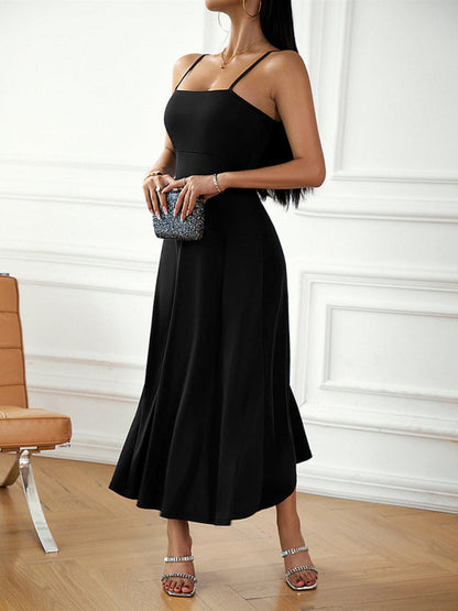 Cami Dresses- Solid Elegant A-Line Open Back Cami Long Dress- - Pekosa Women Clothing