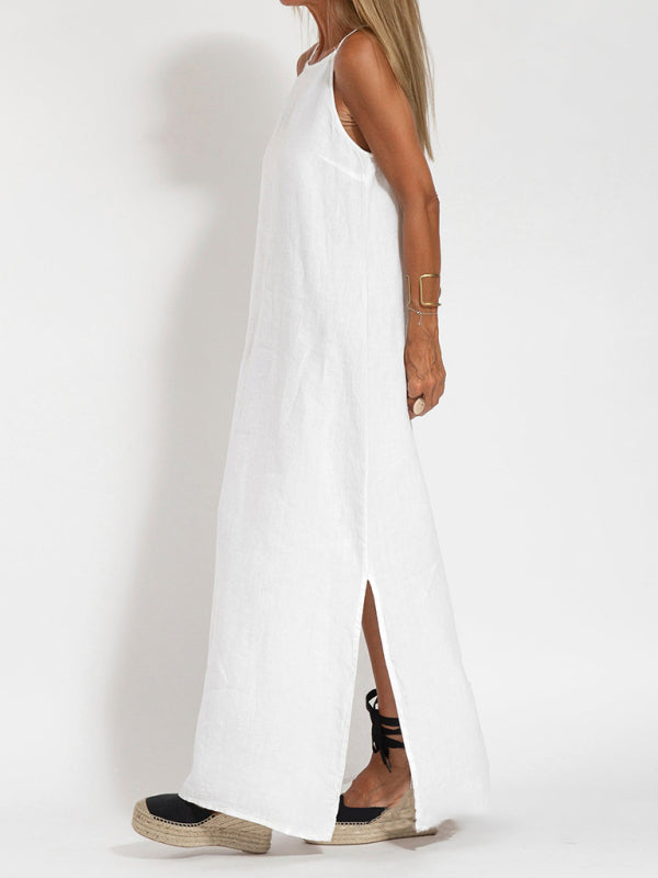Cami Maxi Dress- Essential Solid Cotton Cami Tunic Maxi Dress- - Pekosa Women Clothing