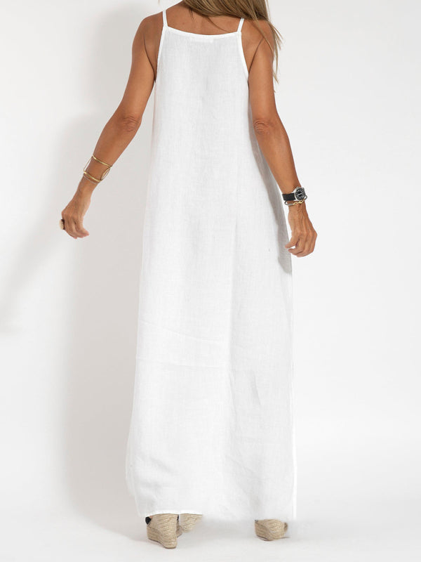 Cami Maxi Dress- Essential Solid Cotton Cami Tunic Maxi Dress- - Pekosa Women Clothing