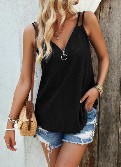 Cami Tops- Sleeveless Eyelet Top | Flowy A-Line Cami Blouse- Black- Pekosa Women Clothing