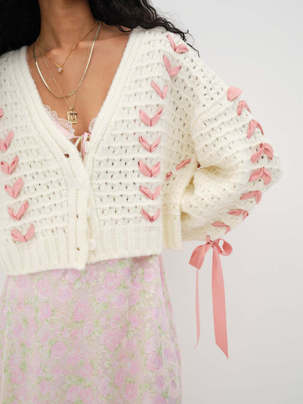 Cardigans- Button-Up Open Knit Crop Sweater | Bow Lace-Up Cardigan- - Pekosa Women Clothing