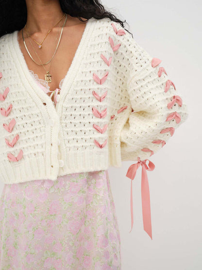 Cardigans- Button-Up Open Knit Crop Sweater | Bow Lace-Up Cardigan- - Pekosa Women Clothing