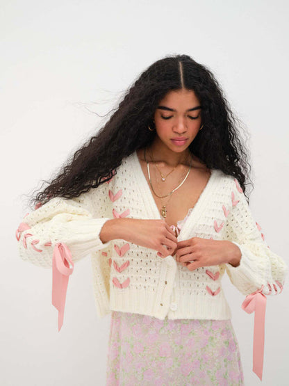 Cardigans- Button-Up Open Knit Crop Sweater | Bow Lace-Up Cardigan- - Pekosa Women Clothing