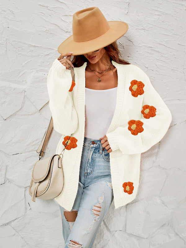 Cardigans- Floral Knitted Sweater Cardigan- - Pekosa Women Clothing