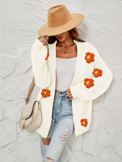 Cardigans- Floral Knitted Sweater Cardigan- - Pekosa Women Clothing