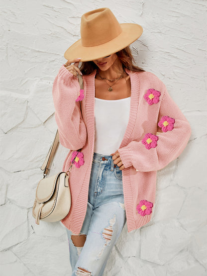 Cardigans- Floral Knitted Sweater Cardigan- - Pekosa Women Clothing