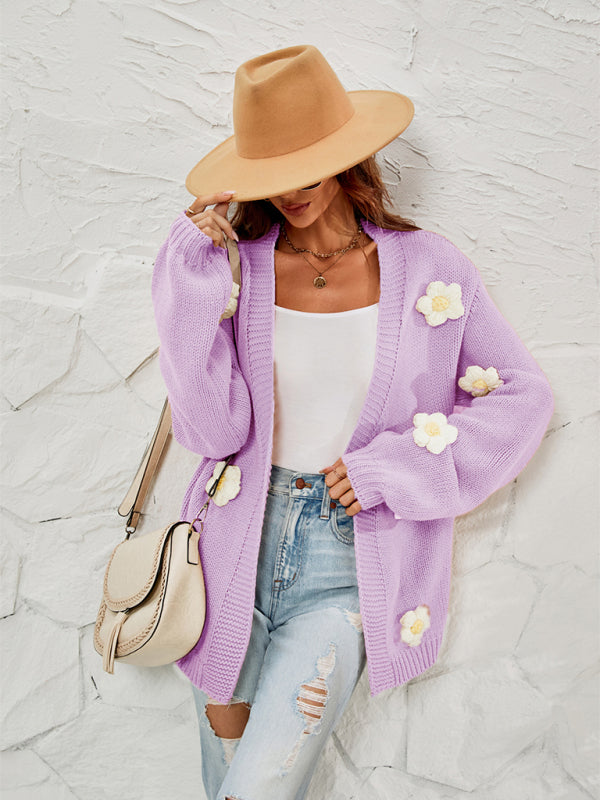 Cardigans- Floral Knitted Sweater Cardigan- - Pekosa Women Clothing