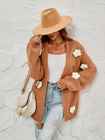 Cardigans- Floral Knitted Sweater Cardigan- - Pekosa Women Clothing