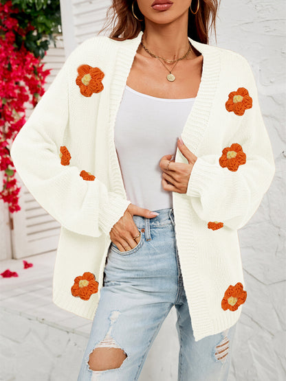 Cardigans- Floral Knitted Sweater Cardigan- White- Pekosa Women Clothing