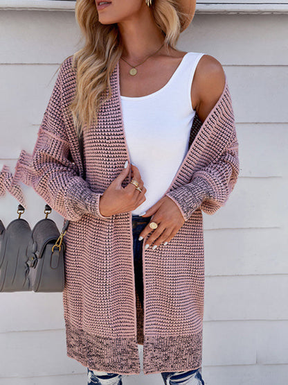 Cardigans- Heathered Knit Mid-Length Open Front Sweater | Duster Cardigan- - Pekosa Women Clothing