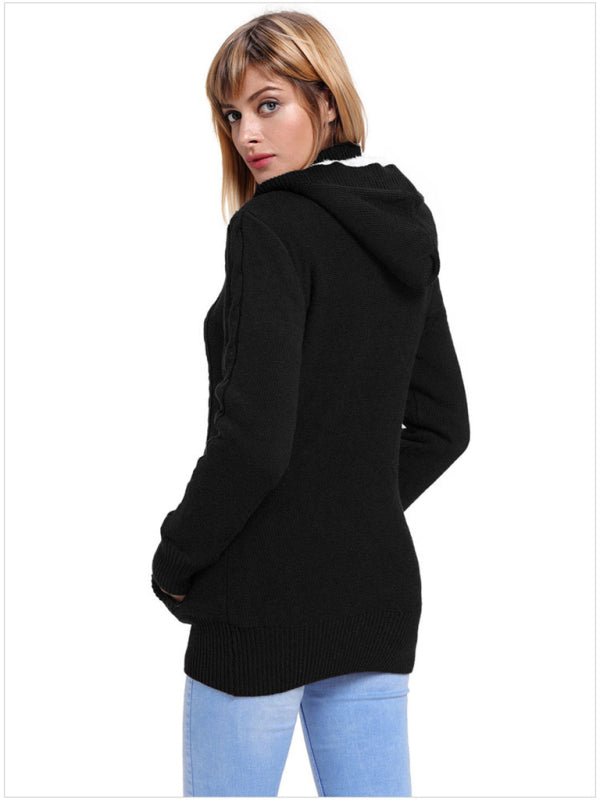 Cardigans- Hooded Coziness Cardigan | Mid-Length Knit Button-Up Sweater- - Pekosa Women Clothing