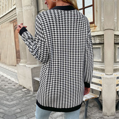 Cardigans- Houndstooth Button Down Cardigan: Loose Fit, Drop Shoulders, Pockets- - Pekosa Women Clothing