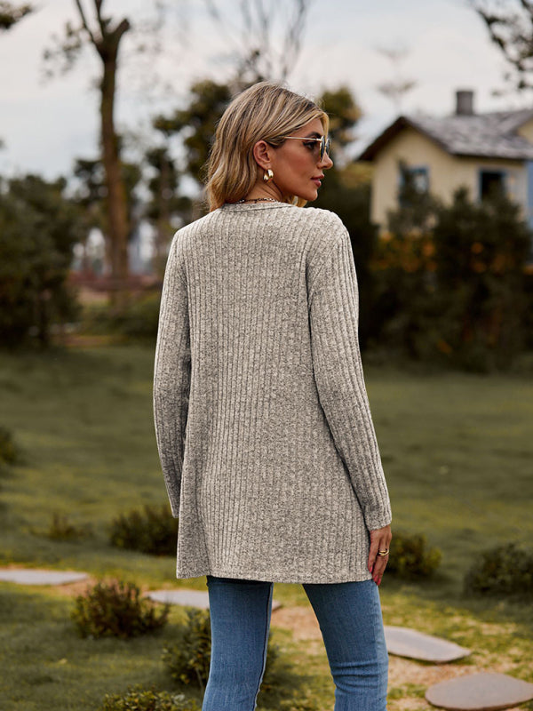 Cardigans- Rib-Knit Button-Up Cardigan with Pockets- - Pekosa Women Clothing