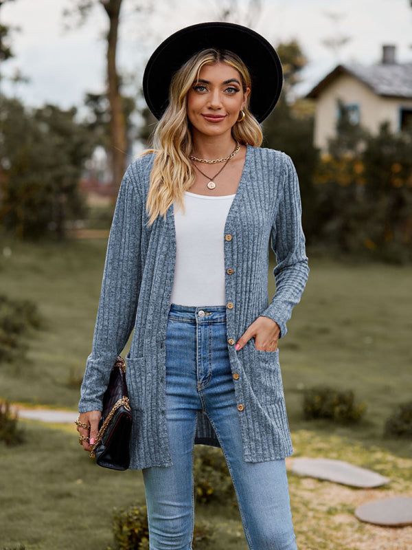 Cardigans- Rib-Knit Button-Up Cardigan with Pockets- - Pekosa Women Clothing