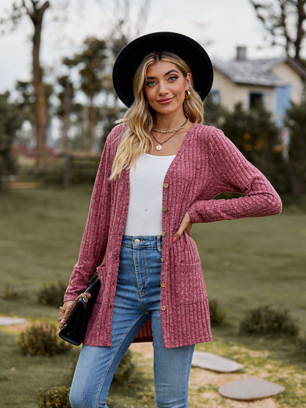 Cardigans- Rib-Knit Button-Up Cardigan with Pockets- Wine Red- Pekosa Women Clothing