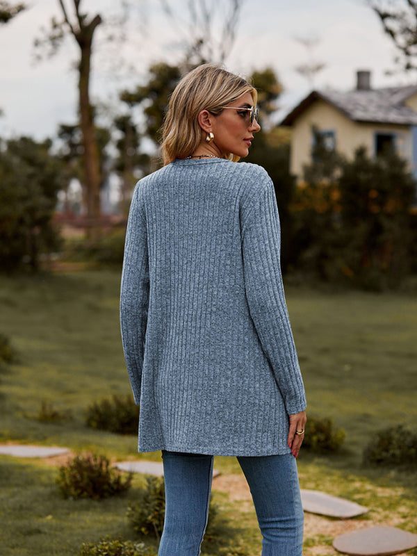 Cardigans- Rib-Knit Button-Up Cardigan with Pockets- - Pekosa Women Clothing