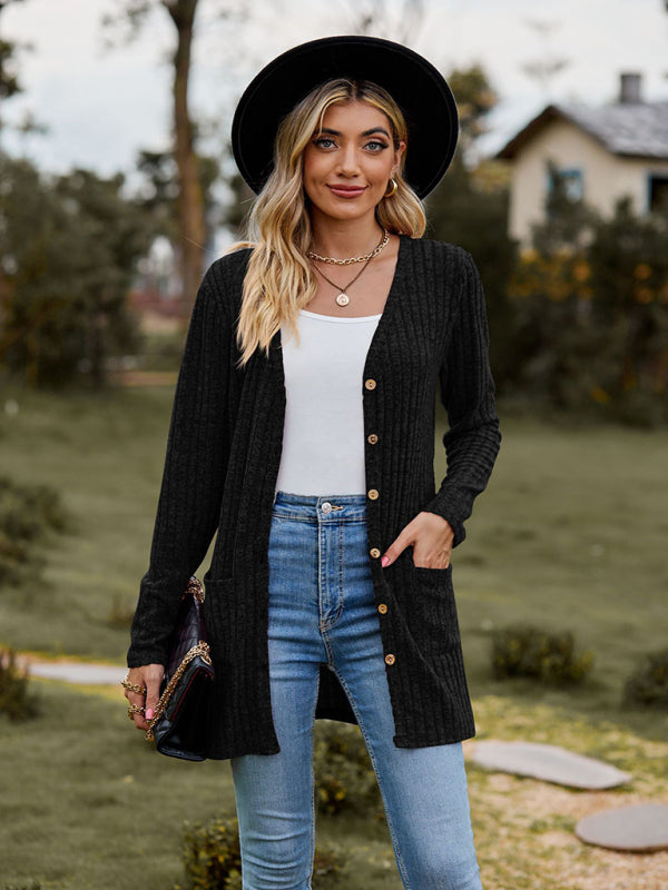 Cardigans- Rib-Knit Button-Up Cardigan with Pockets- Black- Pekosa Women Clothing