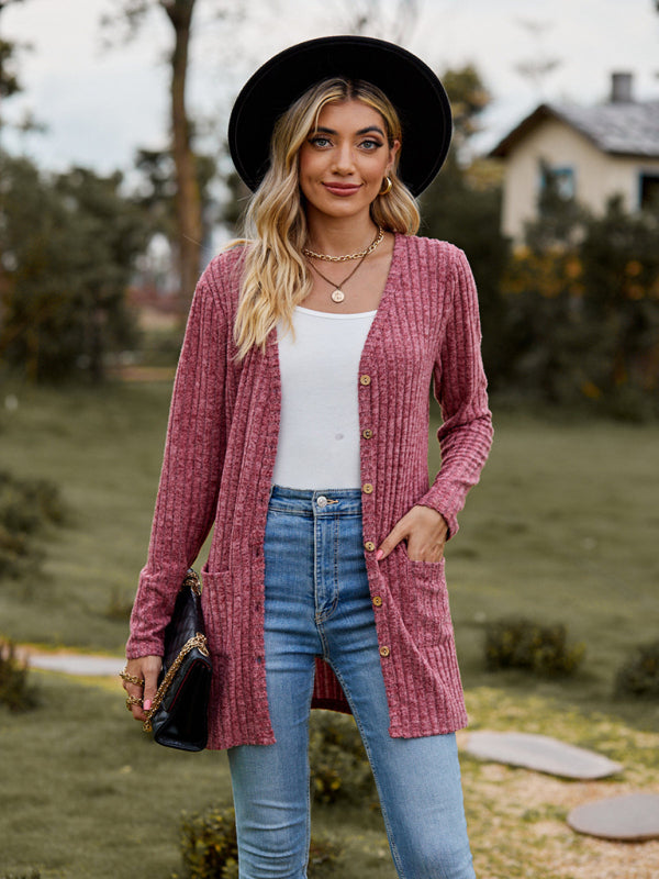 Cardigans- Rib-Knit Button-Up Cardigan with Pockets- - Pekosa Women Clothing