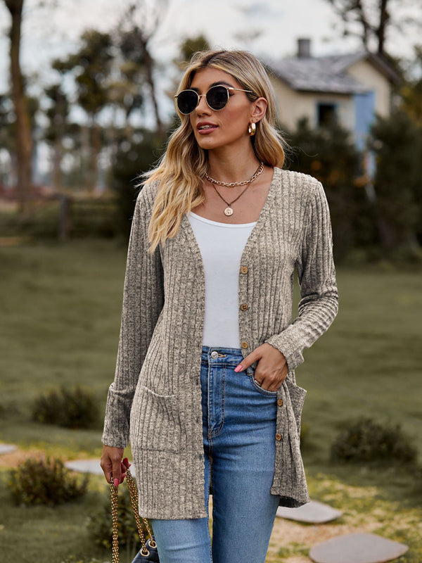 Cardigans- Rib-Knit Button-Up Cardigan with Pockets- - Pekosa Women Clothing