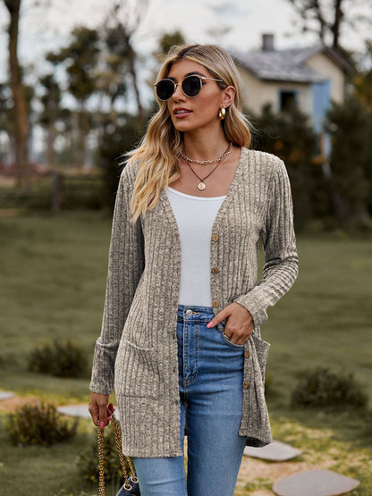 Cardigans- Rib-Knit Button-Up Cardigan with Pockets- - Pekosa Women Clothing