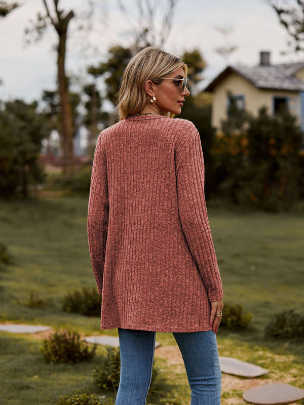 Cardigans- Rib-Knit Button-Up Cardigan with Pockets- - Pekosa Women Clothing