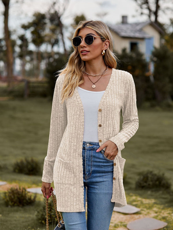 Cardigans- Rib-Knit Button-Up Cardigan with Pockets- Cracker khaki- Pekosa Women Clothing