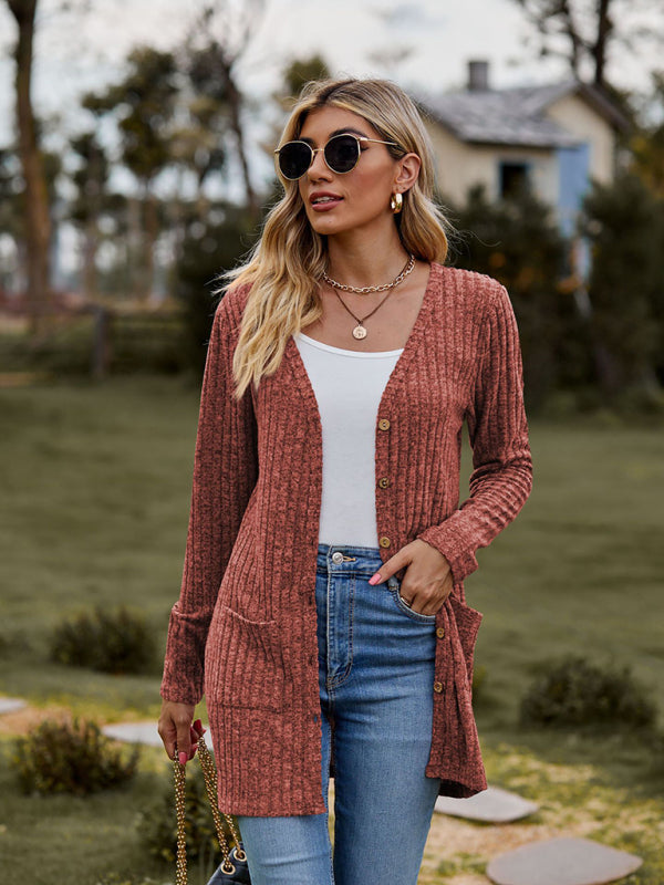Cardigans- Rib-Knit Button-Up Cardigan with Pockets- - Pekosa Women Clothing