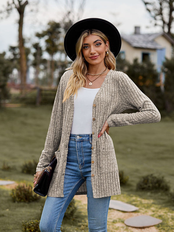 Cardigans- Rib-Knit Button-Up Cardigan with Pockets- - Pekosa Women Clothing