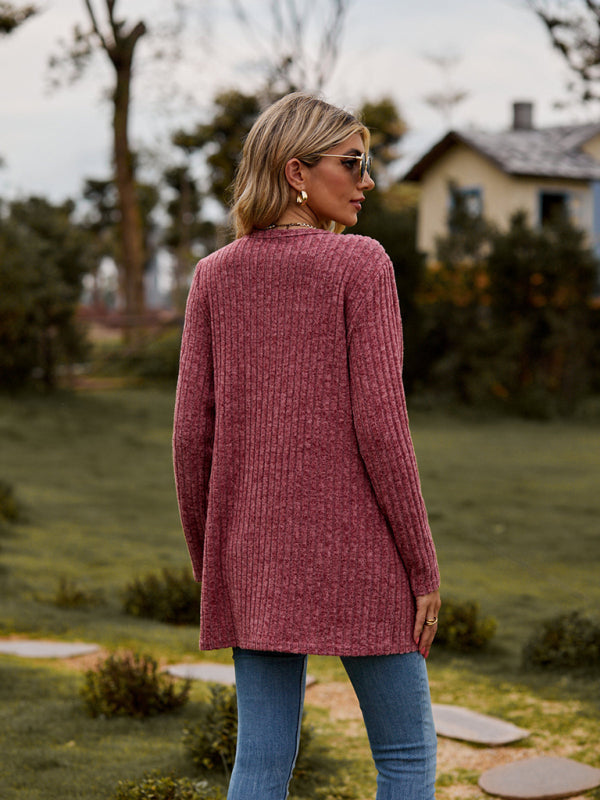 Cardigans- Rib-Knit Button-Up Cardigan with Pockets- - Pekosa Women Clothing