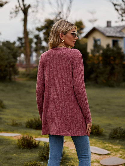 Cardigans- Rib-Knit Button-Up Cardigan with Pockets- - Pekosa Women Clothing