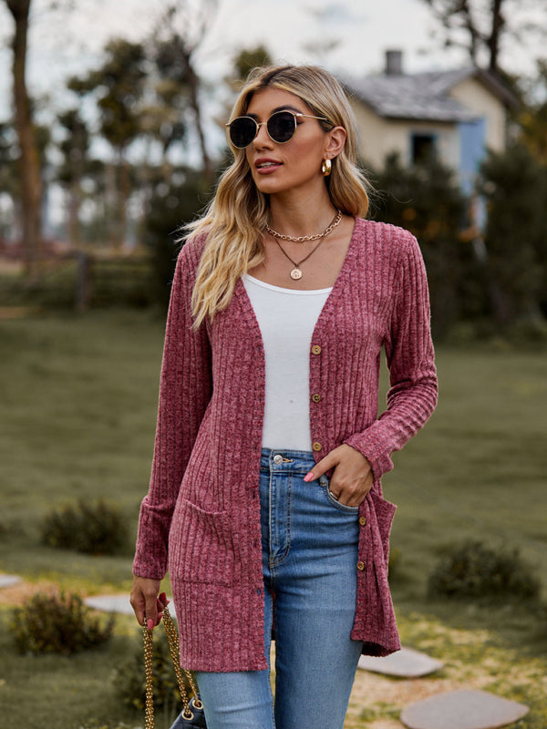Cardigans- Rib-Knit Button-Up Cardigan with Pockets- - Pekosa Women Clothing