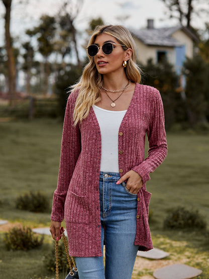 Cardigans- Rib-Knit Button-Up Cardigan with Pockets- - Pekosa Women Clothing