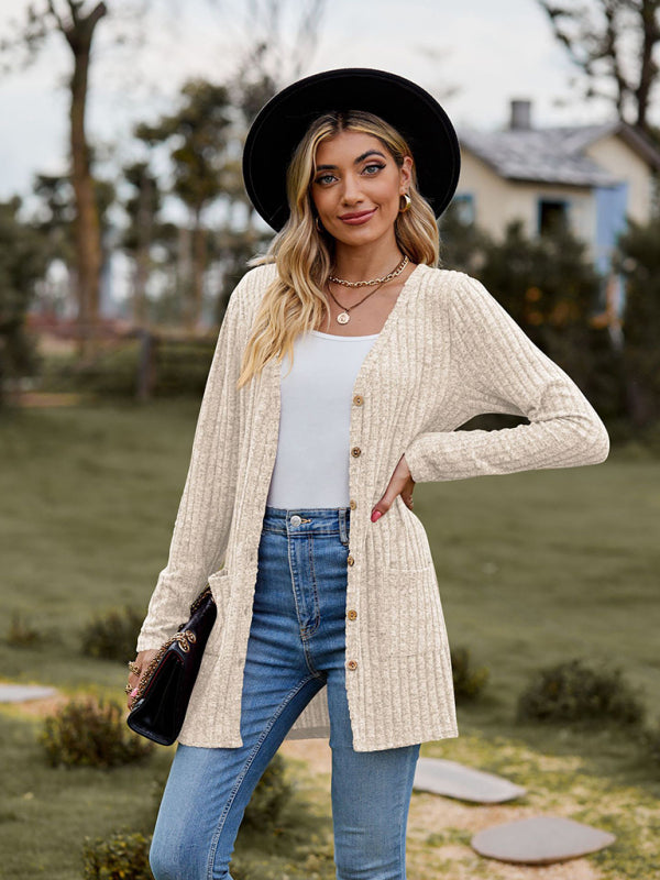 Cardigans- Rib-Knit Button-Up Cardigan with Pockets- - Pekosa Women Clothing