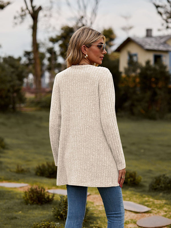 Cardigans- Rib-Knit Button-Up Cardigan with Pockets- - Pekosa Women Clothing