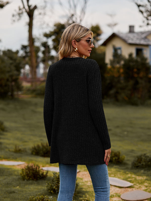 Cardigans- Rib-Knit Button-Up Cardigan with Pockets- - Pekosa Women Clothing