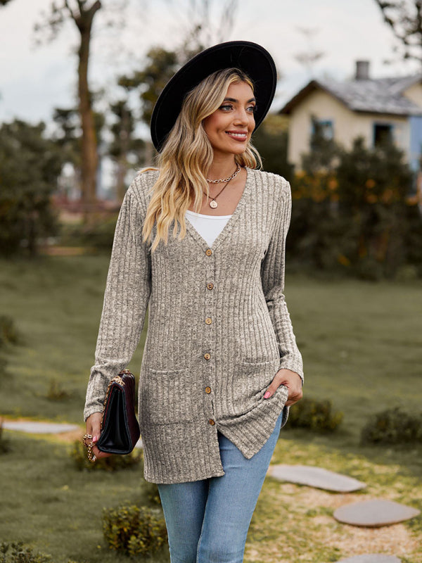 Cardigans- Rib-Knit Button-Up Cardigan with Pockets- - Pekosa Women Clothing