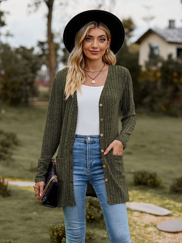 Cardigans- Rib-Knit Button-Up Cardigan with Pockets- - Pekosa Women Clothing