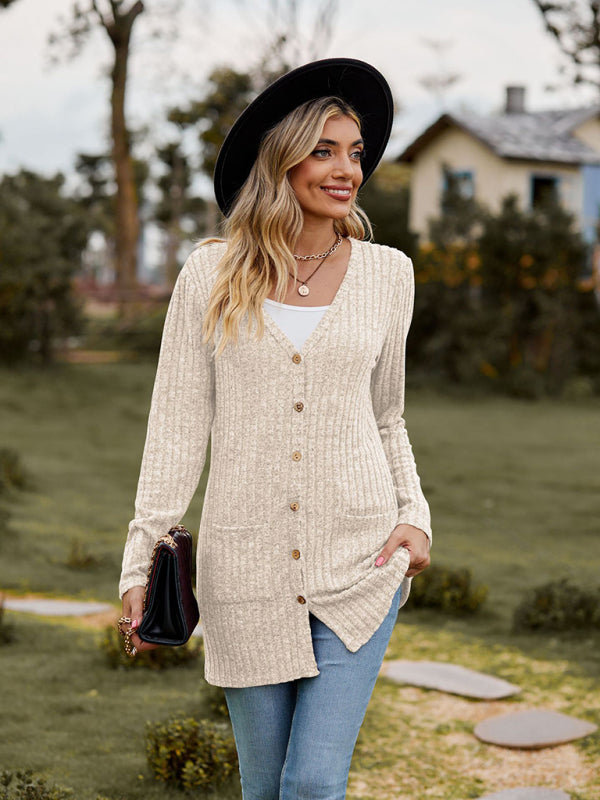 Cardigans- Rib-Knit Button-Up Cardigan with Pockets- - Pekosa Women Clothing