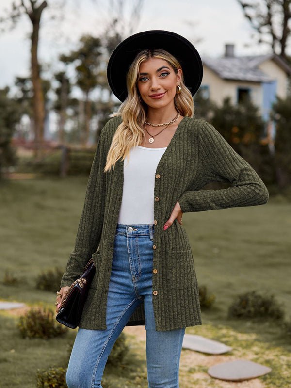 Cardigans- Rib-Knit Button-Up Cardigan with Pockets- - Pekosa Women Clothing