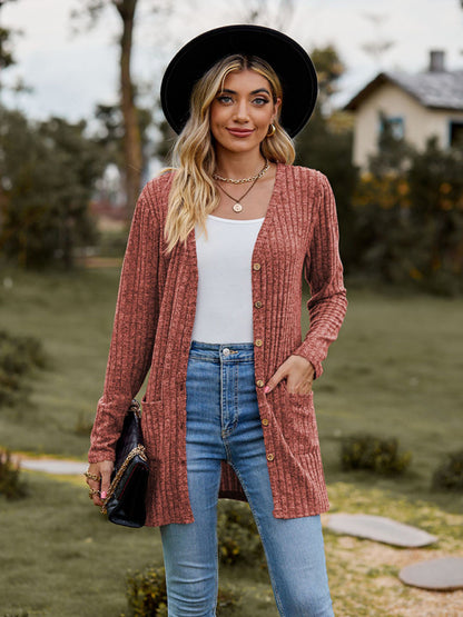 Cardigans- Rib-Knit Button-Up Cardigan with Pockets- Orange Red- Pekosa Women Clothing