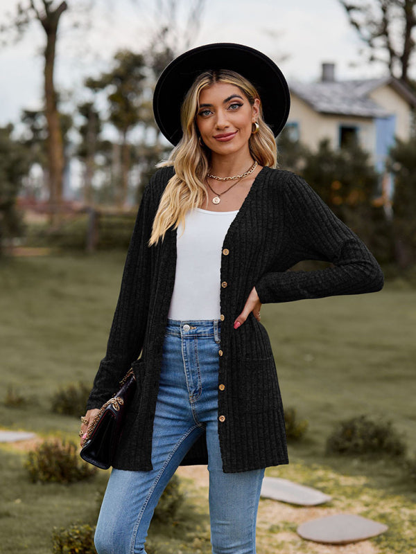 Cardigans- Rib-Knit Button-Up Cardigan with Pockets- - Pekosa Women Clothing