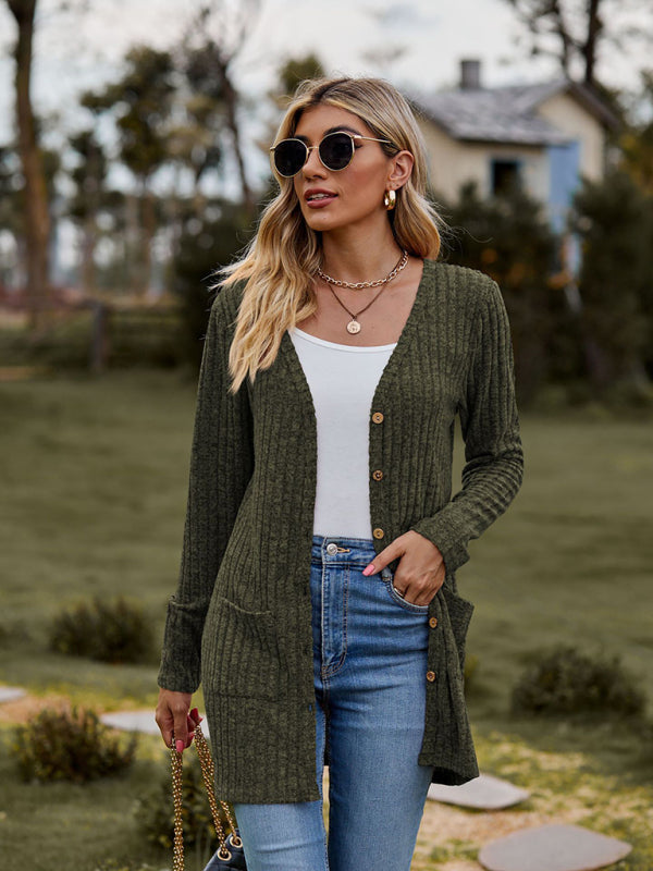 Cardigans- Rib-Knit Button-Up Cardigan with Pockets- - Pekosa Women Clothing