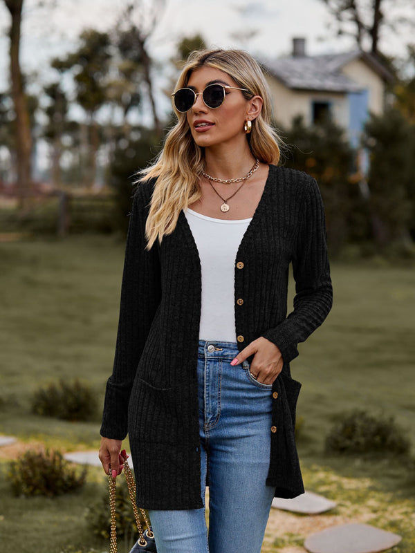 Cardigans- Rib-Knit Button-Up Cardigan with Pockets- - Pekosa Women Clothing