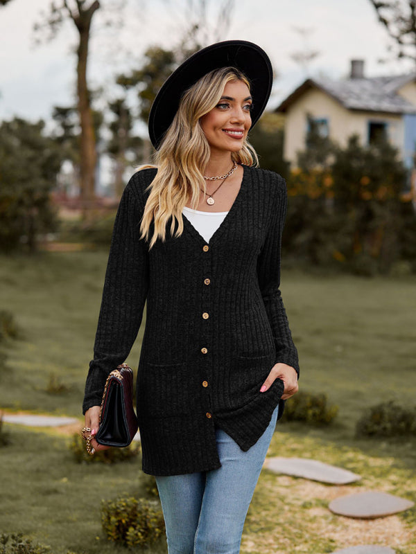 Cardigans- Rib-Knit Button-Up Cardigan with Pockets- - Pekosa Women Clothing