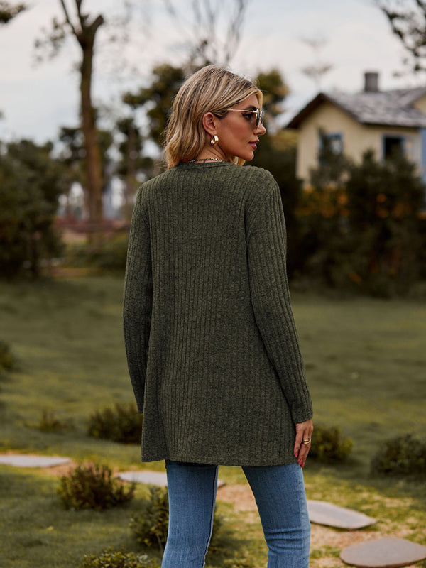 Cardigans- Rib-Knit Button-Up Cardigan with Pockets- - Pekosa Women Clothing